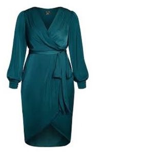 City Chic | Opulent Faux-Wrap Silky Satin Midi Dress | Teal | 16